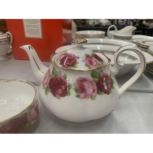 266 - A ROYAL ALBERT 'OLD ENGLISH ROSE' TEASET TO INCLUDE A TEAPOT- SLIGHT RUB TO ONE ROSE - CAKE PLATE, S... 