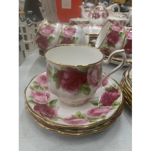 266 - A ROYAL ALBERT 'OLD ENGLISH ROSE' TEASET TO INCLUDE A TEAPOT- SLIGHT RUB TO ONE ROSE - CAKE PLATE, S... 