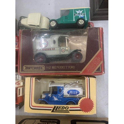 279 - A QUANTITY OF VINTAGE VANS AND CARS BY LLEDO, MATCHBOX, ETC