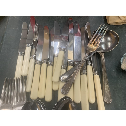 286 - A LARGE QUANTITY OF VINTAGE FLATWARE TO INCLUDE BUTTER KNIVES, KNIVES, FORKS, SPOONS, CAKE SLICE, ET... 