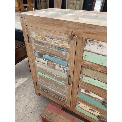 3580 - A PAINTED INDIAN HARDWOOD SIDEBOARD WITH TWO DOORS AND FOUR DRAWERS