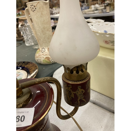 280 - A LIMOGES STYLE ELECTRIC TABLE LAMP WITH TWO BRANCHES HEIGHT APPROX