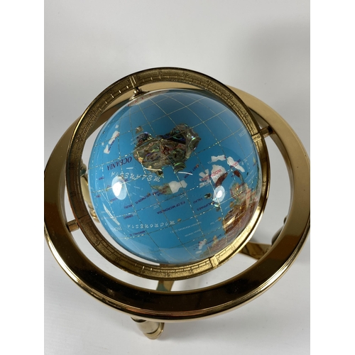 65 - A DESK TOP TURQUOISE GEMSTONE WORLD GLOBE ON BRASS BASE