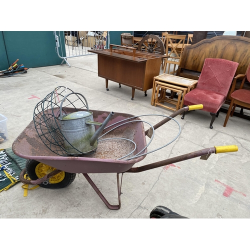 2008 - A METAL WHEEL BARROW, A WATERING CAN AND A WIRE BASKET ETC