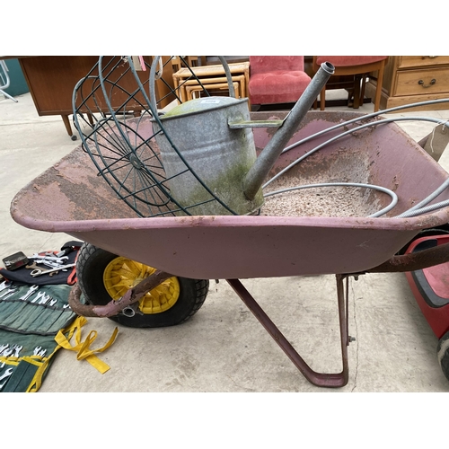 2008 - A METAL WHEEL BARROW, A WATERING CAN AND A WIRE BASKET ETC