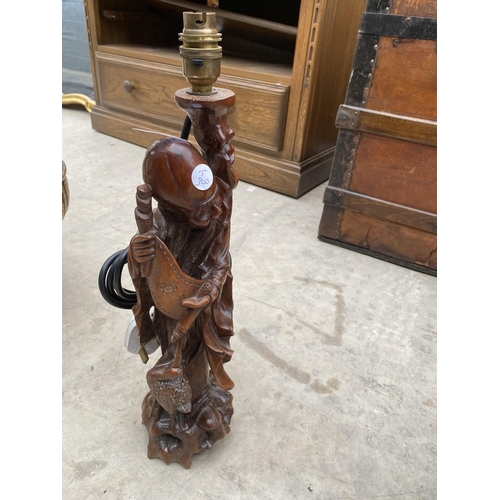 2021 - A WOODEN CARVED TABLE LAMP DEPICTING A TRIBAL MAN