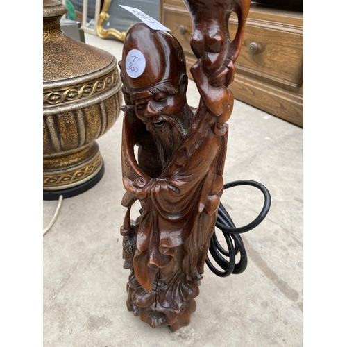 2021 - A WOODEN CARVED TABLE LAMP DEPICTING A TRIBAL MAN