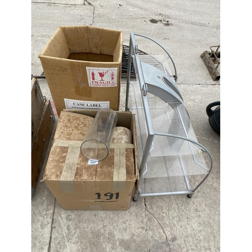 3927 - TWO BOXES OF GLASS SHADES AND FURTHER GLASS STAND