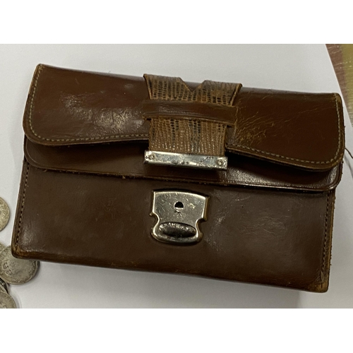 373 - A LEATHER WALLET OF MAINLY PRE 1920 SILVER THREEPENCES AND A VICTORIAN 1887 COIN BROOCH