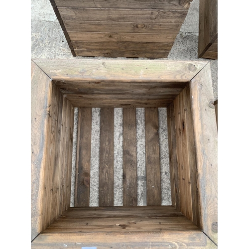 46 - TWO LARGE SQUARE WOODEN PLANTERS - HEIGHT 46CM, WIDTH 57CM, DEPTH 57CM - NO VAT