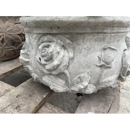 118 - A  CONCRETE ROSE DESIGN PLANTER WITH PRIMS AND BELLIS NO VAT