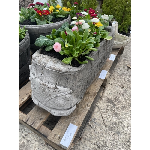 125 - A CONCRETE VW CAMPER VAN FLOWER POWER PLANTER WITH PRIMULAS AND BELLIS DAISYS NO VAT