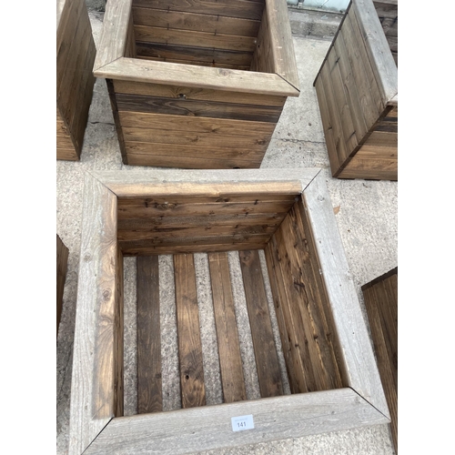 141 - TWO LARGE WOODEN PLANTERS HEIGHT 46CM, WIDTH 57CM, DEPTH 57CM - NO VAT