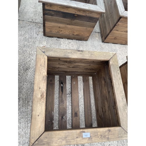 142 - TWO LARGE WOODEN PLANTERS HEIGHT 46CM, WIDTH 57CM, DEPTH 57CM - NO VAT