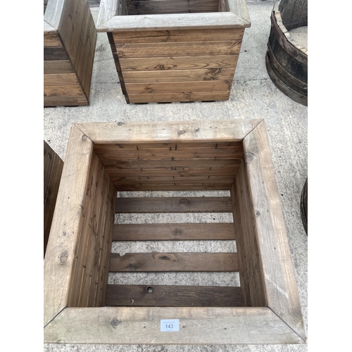 143 - TWO LARGE WOODEN PLANTERS HEIGHT 46CM, WIDTH 57CM, DEPTH 57CM - NO VAT