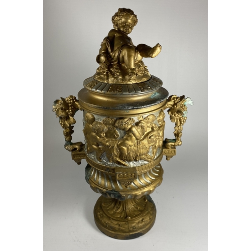 10 - AN UNUSUAL 19TH CENTURY PEDESTAL BRONZE URN WITH NEO-CLASSICAL RELIEF DESIGN ON FLUTED BASE WITH CHE... 