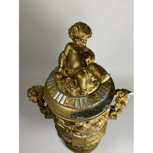 10 - AN UNUSUAL 19TH CENTURY PEDESTAL BRONZE URN WITH NEO-CLASSICAL RELIEF DESIGN ON FLUTED BASE WITH CHE... 