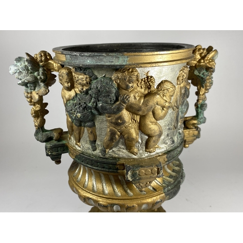 10 - AN UNUSUAL 19TH CENTURY PEDESTAL BRONZE URN WITH NEO-CLASSICAL RELIEF DESIGN ON FLUTED BASE WITH CHE... 