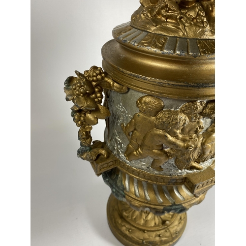 10 - AN UNUSUAL 19TH CENTURY PEDESTAL BRONZE URN WITH NEO-CLASSICAL RELIEF DESIGN ON FLUTED BASE WITH CHE... 