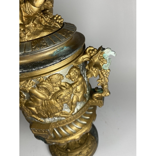 10 - AN UNUSUAL 19TH CENTURY PEDESTAL BRONZE URN WITH NEO-CLASSICAL RELIEF DESIGN ON FLUTED BASE WITH CHE... 