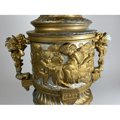 10 - AN UNUSUAL 19TH CENTURY PEDESTAL BRONZE URN WITH NEO-CLASSICAL RELIEF DESIGN ON FLUTED BASE WITH CHE... 