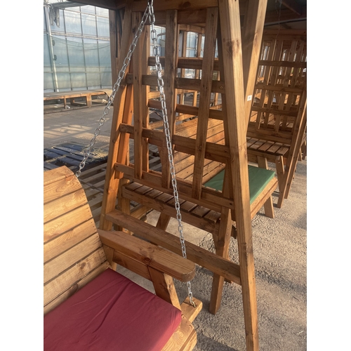 257 - AN AS, NEW EX DISPLAY CHARLES TAYLOR SWING SEAT WITH TRELLIS SIDES, SEAT COVER AND CANOPY + VAT