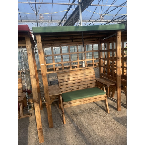 258 - AN AS NEW, EX DISPLAY CHARLES TAYLOR GARDEN ARBOUR WITH TWO SEATER BENCH, SIDE TABLES, TRELLIS SIDES... 