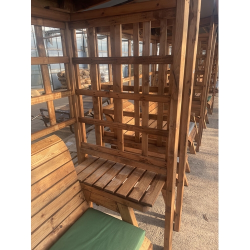 258 - AN AS NEW, EX DISPLAY CHARLES TAYLOR GARDEN ARBOUR WITH TWO SEATER BENCH, SIDE TABLES, TRELLIS SIDES... 