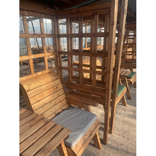 259 - AN AS, NEW, EX DISPLAY CHARLES TAYLOR GARDEN ARBOUR WITH TWO CHAIRS, CENTRE TABLE, TRELLIS SIDES, SE... 