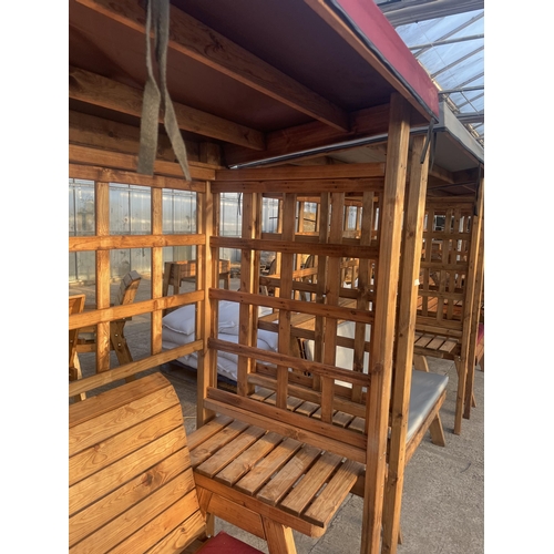 264 - AN AS NEW, EX DISPLAY CHARLES TAYLOR GARDEN ARBOUR WITH THREE SEATER BENCH, SIDE TABLES, TRELLIS SID... 