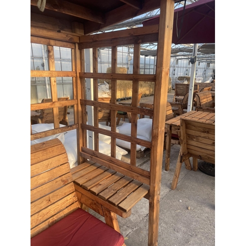 266 - AN AS NEW, EX DISPLAY CHARLES TAYLOR GARDEN ARBOUR WITH TWO SEATER BENCH, SIDE TABLES, TRELLIS SIDES... 