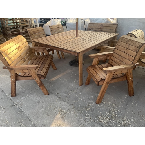 272 - AN AS NEW, EX DISPLAY CHARLES TAYLOR PATIO DINING SET COMPRISING OF A SQUARE TABLE, TWO TWO SEATER B... 