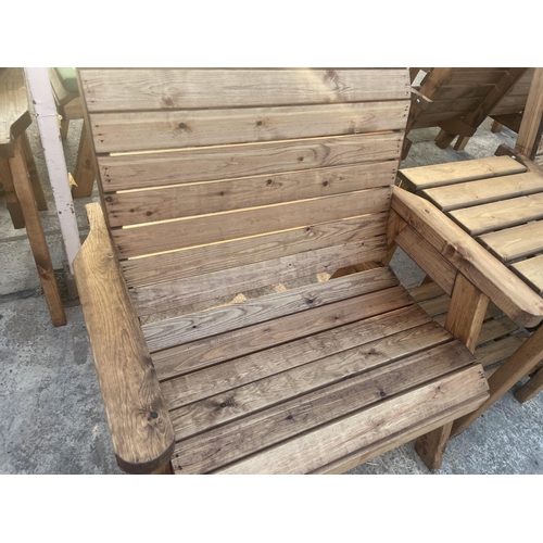 279 - TWO AS NEW, EX DISPLAY CHARLES TAYLOR GARDEN OVERSIZE CHAIRS WITH CONNECTING ARM REST TABLE + VAT