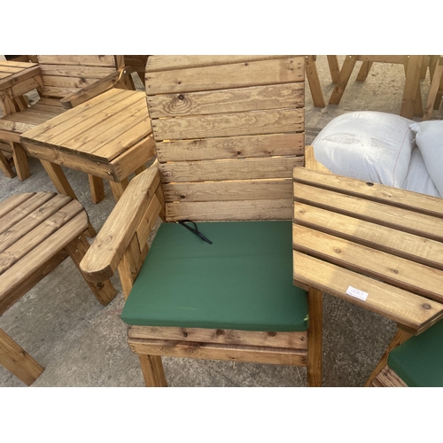 281 - TWO AS NEW, EX DISPLAY CHARLES TAYLOR GARDEN CHAIRS WITH CONNECTING ARM REST TABLE AND SEAT COVERS +... 