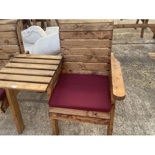 282 - TWO AS NEW, EX DISPLAY CHARLES TAYLOR GARDEN CHAIRS WITH CONNECTING ARM REST TABLE, FOOT RESTS AND S... 