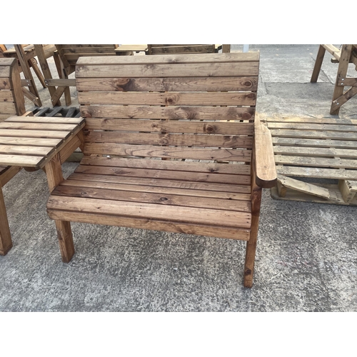 285 - TWO AS NEW, EX DISPLAY CHARLES TAYLOR GARDEN BENCHES WITH CONNECTING ARM REST TABLE + VAT