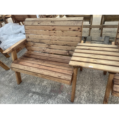 285 - TWO AS NEW, EX DISPLAY CHARLES TAYLOR GARDEN BENCHES WITH CONNECTING ARM REST TABLE + VAT