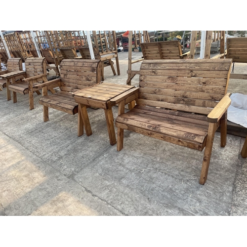 286 - TWO AS NEW, EX DISPLAY CHARLES TAYLOR GARDEN BENCHES AND A GARDEN TABLE + VAT