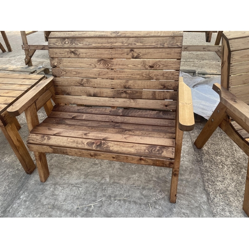 286 - TWO AS NEW, EX DISPLAY CHARLES TAYLOR GARDEN BENCHES AND A GARDEN TABLE + VAT