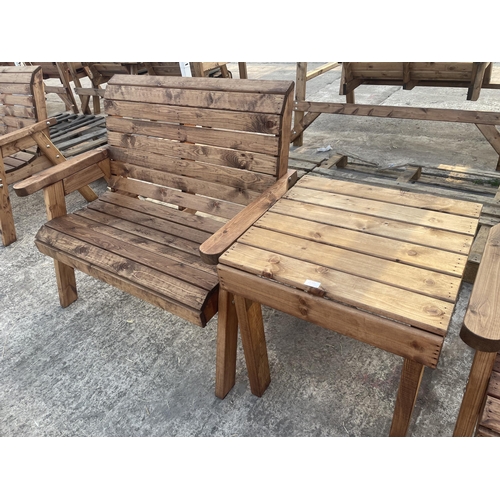 286 - TWO AS NEW, EX DISPLAY CHARLES TAYLOR GARDEN BENCHES AND A GARDEN TABLE + VAT