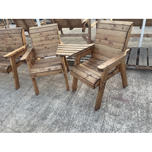 287 - TWO AS NEW, EX DISPLAY CHARLES TAYLOR GARDEN CHAIRS WITH CONNECTING ARM REST TABLE + VAT