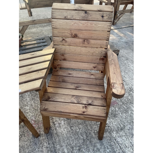 287 - TWO AS NEW, EX DISPLAY CHARLES TAYLOR GARDEN CHAIRS WITH CONNECTING ARM REST TABLE + VAT