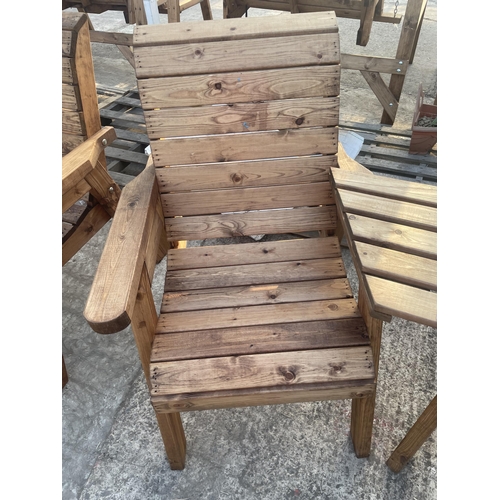 287 - TWO AS NEW, EX DISPLAY CHARLES TAYLOR GARDEN CHAIRS WITH CONNECTING ARM REST TABLE + VAT