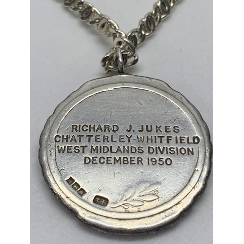 537 - A SILVER NECKLACE WITH A HALLMARKED BIRMINGHAM SILVER MINERS MEDAL IN A PRESENTATION BOX