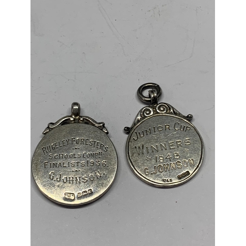 573 - TWO HALLMARKED SILVER WTACH CHAIN FOBS