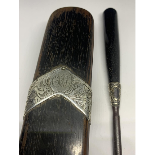 580 - A BRUSH AND A BUTTON HOOK WITH A HALLMARKED LONDON SILVER TRIM