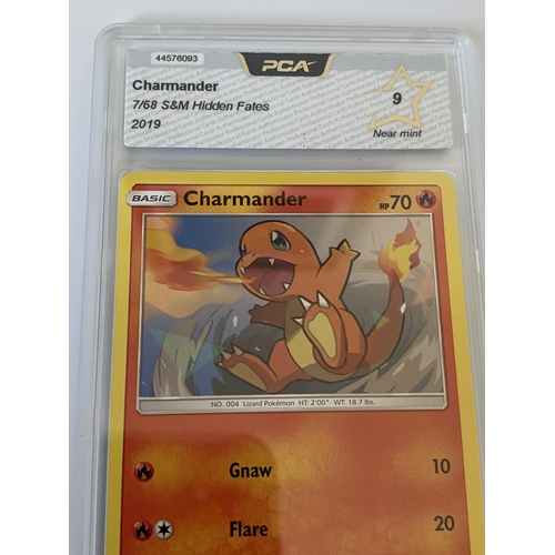 111 - A GRADED POKEMON CARD -CHARMANDER 7/68 S&M HIDDEN FATES - PCA GRADE - 9