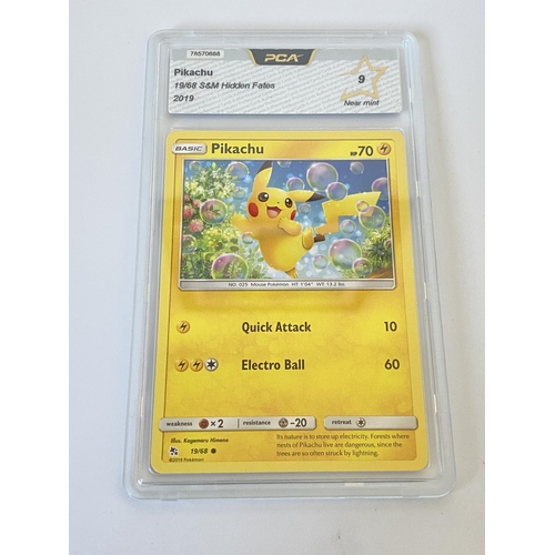 112 - A GRADED POKEMON CARD -PIKACHU 19/68 S&M HIDDEN FATES - PCA GRADE - 9