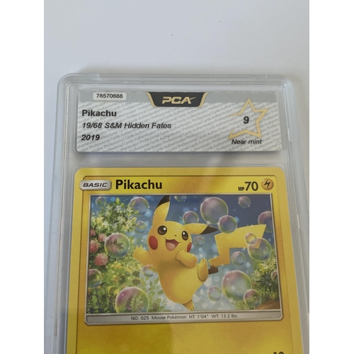 112 - A GRADED POKEMON CARD -PIKACHU 19/68 S&M HIDDEN FATES - PCA GRADE - 9