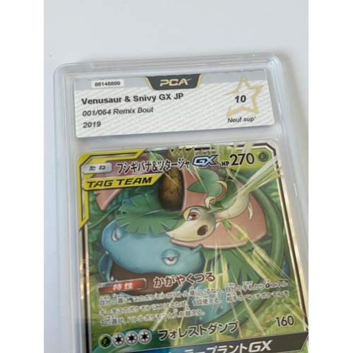 130 - A JAPANESE GRADED POKEMON CARD -VENUSAUR & SNIVY GX001/064 REMIX BOUT- PCA GRADE - 10